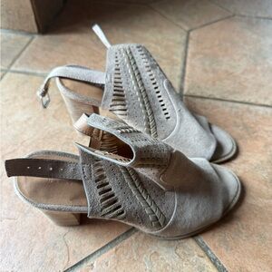 Report Beige Suede Open-Toe Slingback Heels with Cutout & Braided Detail